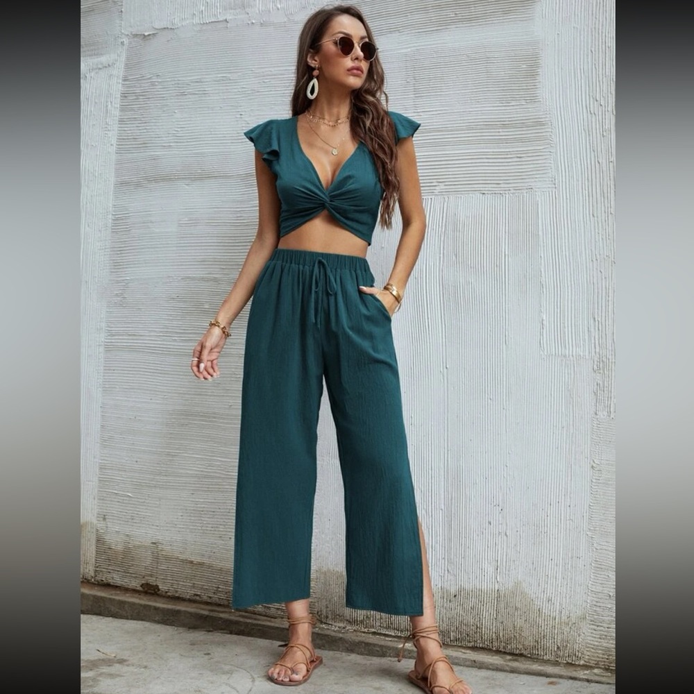 SHEIN Ruffle trim twist top with long pants.